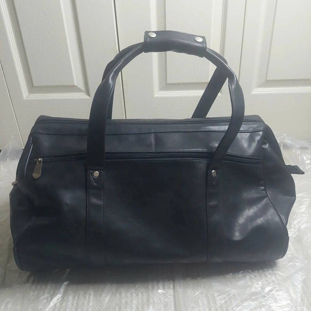 Leather Black Duffel Carry On With Wheels! Travel Bag!